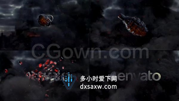3D效果战争浓烟四起手榴弹爆炸LOGO汇聚武器展示-AE模板下载