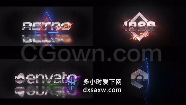 闪电发光霓虹灯标志展示复古合成电波LOGO演绎片头动画-AE模板下载