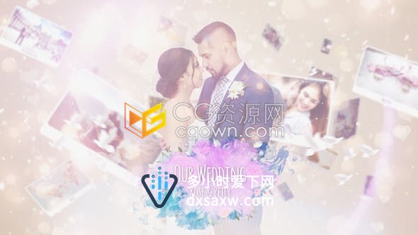 温柔美丽玫瑰花瓣漏光粒子特效婚纱照婚礼视频相册模板含坚屏手机版本-AE模板