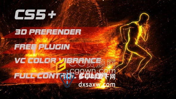 三维人物奔跑剪影抽象流体火焰耀斑粒子动画揭示标志LOGO片头