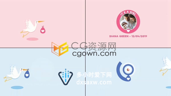 飞鹤嘴衔爱心袋演绎视频开场标志宝宝生日节日庆祝开场白-AE模板下载