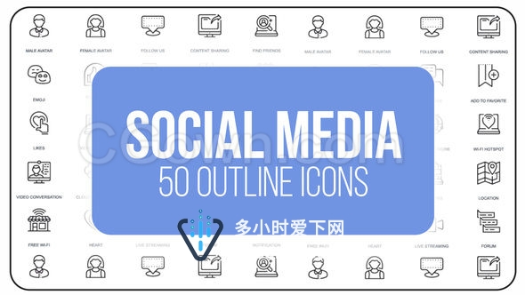社交媒体50个细线图标可调整大小网络动画图标-AE模板下载