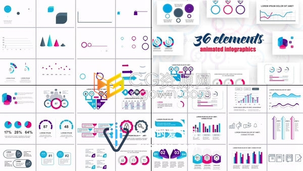 36种现代公司彩色信息图表元素数据分析图标统计流程图-AE模板