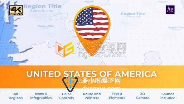 美国动画地图3D地图信息图表图标元素制作旅游视频动画-AE模板下载