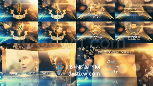 月桂花环奖牌黄金麦克风小金人雕像金球奖黄金标题转场演绎颁奖视频开场特效-AE模板下载
