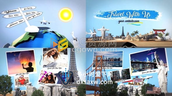我们一起旅行3D地图世界世界名著地点建筑物环球旅行飞机宣传片头视频-AE模板下载