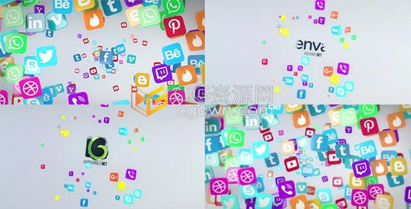 社交媒体飞行图标揭晓社交网络广告LOGO视频片头动画制作-AE模板下载