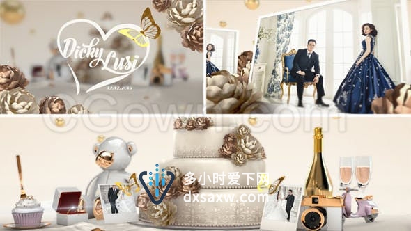 3D美丽鲜花蝴蝶蛋糕滑板车等场景元素展示婚礼视频相册包装-AE模板