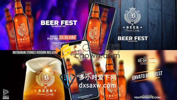 啤酒节广告社交媒体啤酒品牌推广4K啤酒杯啤酒瓶模型包含音效AE模板下载