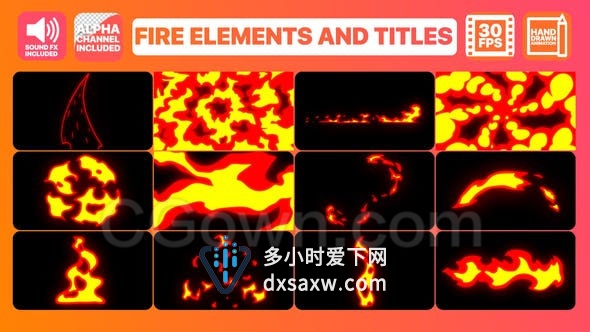 时尚卡通手绘火焰元素标题转场视频创意动画元素含音效-AE模板下载