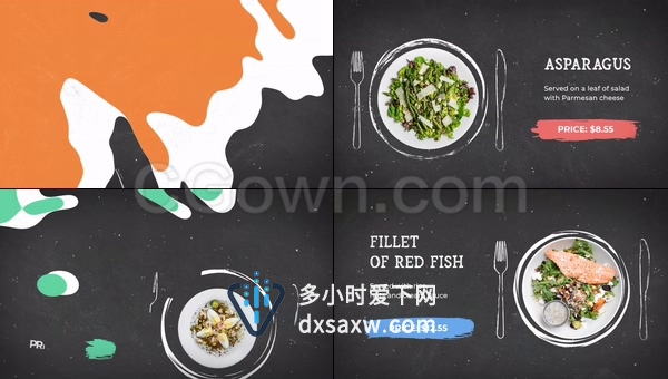 餐厅菜单促销食物价格展示餐饮宣传片笔刷流体过渡效果-AE模板下载