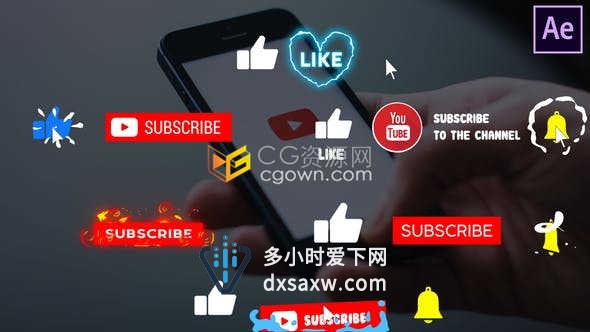 社交媒体平台视频包装按钮集字幕条关注点击铃铛订阅图形动画效果-AE模板下载