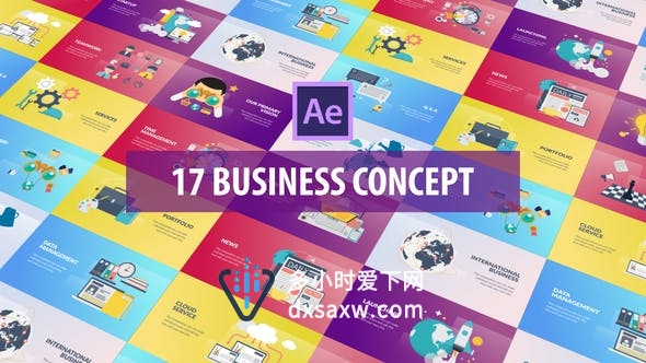 AE模板-17组MG扁平化企业商务概念登录页面信息图表在线营销场景动画