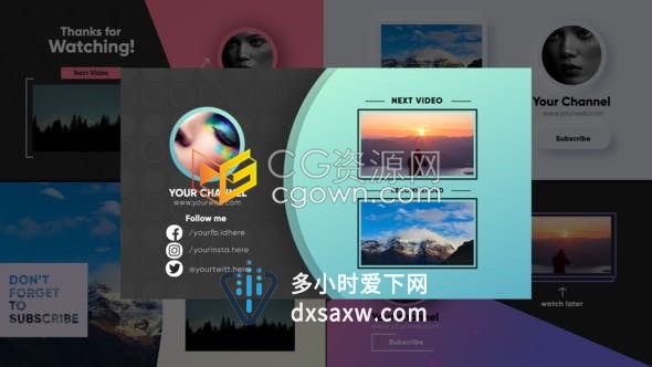 5种卡片式设计社交媒体订阅主页介绍包装图形动画视频效果-AE模板下载