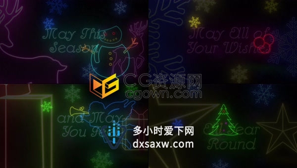 PR预设-漂亮霓虹灯彩色圣诞装饰品元素动画制作节日派对邀请电子贺卡