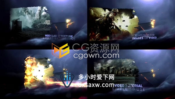 史诗般战场硝烟四起布料演示场景火焰燃烧风吹消逝烟火痕迹幻灯片-AE模板
