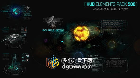 500组HUD科技UI银河系军事雷达武器动态信息图形动画元素-AE模板下载
