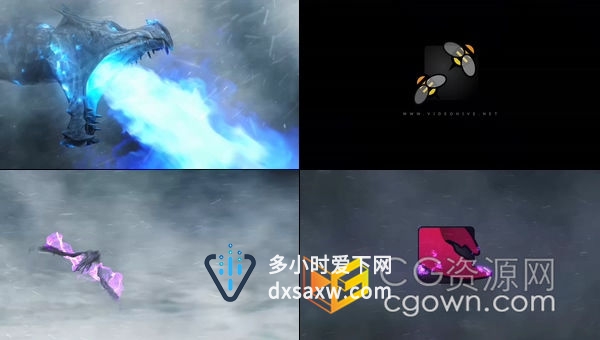 冰天雪地暴风雪背景神话飞龙喷发魔法粒子火焰LOGO显现AE模板片头