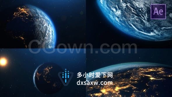 宇宙空间地球五景展示夜晚白天切换耀斑特效-AE模板下载