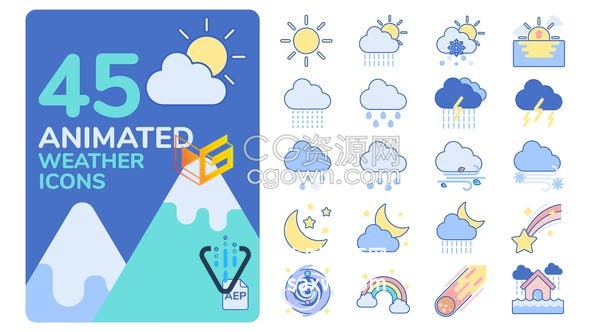 45种天气预报形象Icons图标动画设计下雨雪太阳云气候效果元素-AE模板下载
