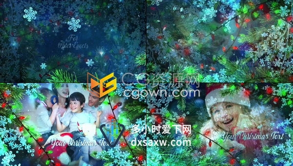 非常精美的圣诞相册圣诞树枝霜挂雪花降落彩灯闪烁元素制作节日视频-AE模板