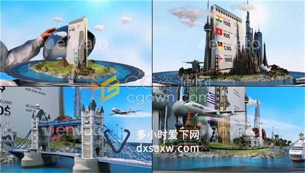 创意立体建城市标志性筑物旅游飞机地图包装宣传视频片头-AE模板下载