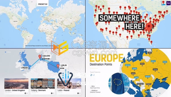 完整的世界旅行地图工具包制作旅行社广告环游世界节目vlog酒店广告动画AE模板