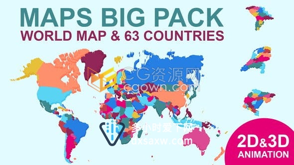 图大包63个国家地图和世界地图包括2D与3D效果区域信息图表效果-AE模板