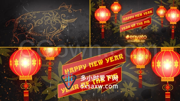 2019新年片头黄金粒子散落金猪贺岁元宵灯笼过年祝福视频-AE模板下载
