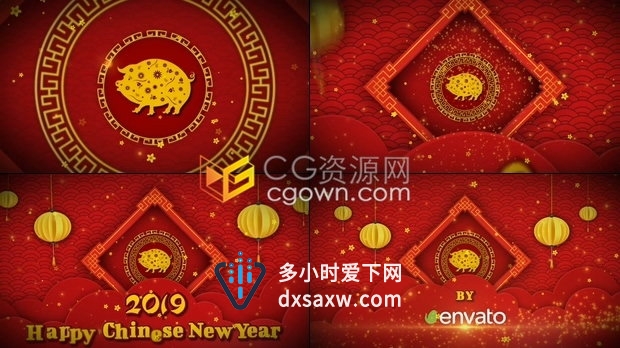 喜庆红色剪纸风格粒子灯笼LOGO拜年视频中国新年片头动画制作-AE模板