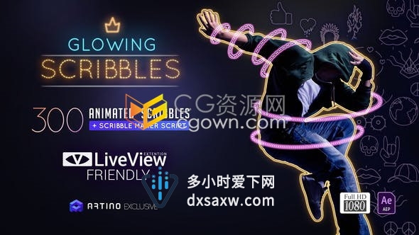 AE模板下载制作抖音短视频特效发光霓虹灯手绘涂鸦光线轮廓线条视频效果