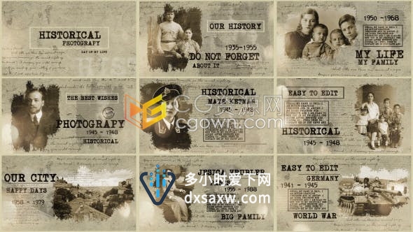 复古报纸背景历史人物介绍时间线展示怀旧视频相册-AE模板下载