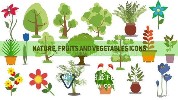 110组大自然水果蔬菜ICON图标动画包制作自然食品商场类型宣传视频动画-AE模板下载