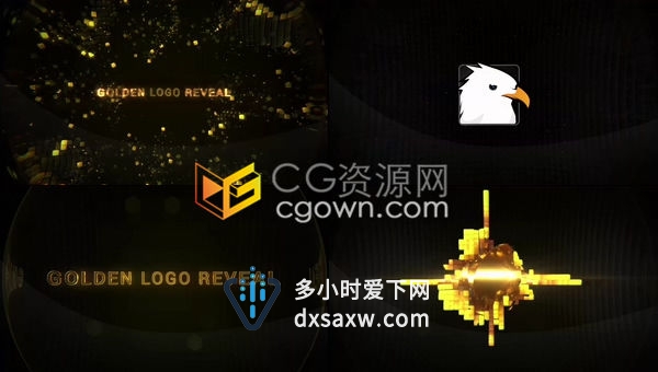 黄金元素玻璃效果粒子闪光汇聚时尚三维标志片头动画-AE模板