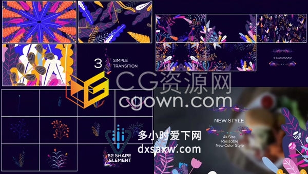 时尚五彩现代花卉植物树叶有机生长形状标题背景婚礼视频包装-AE模板下载