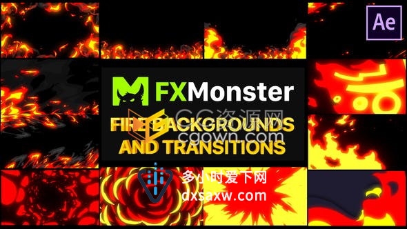 AE模板燃烧火焰效果与转场动画卡通手绘风格设计效果视频