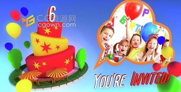 卡通五彩纸屑庆祝生日聚会蛋糕气球孩子们照片邀请视频动画制作-AE模板下载