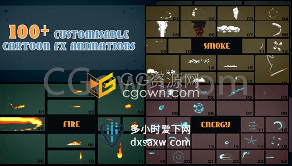 超100动态卡通自定义fx动画工具包水火烟雾爆炸能量特效元素合集-AE模板下载