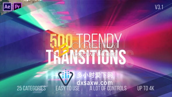 500个可调整大小的转场效果25类故障切割无缝过渡动画V3.1版-AE模板