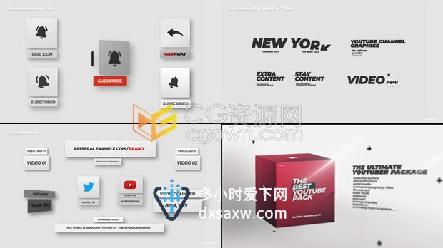 社交媒体平台完整包装动画订阅按钮铃声通知弹出窗口标题信息框各种动画图形元素-AE模板