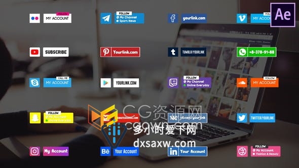 AE模板-社交媒体图标动画元素通知关注收藏点击订阅按钮频道品牌标识等
