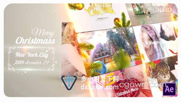 雪花飞舞非常炫酷的转场动画展示节日贺卡圣诞祝福视频电子相册-AE模板