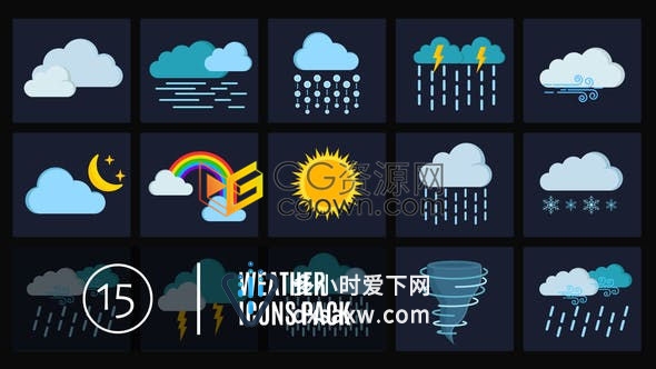 4K天气预报解说天气图标包括多云大雾大雨闪电彩虹晴天多云雷暴大风等-AE模板