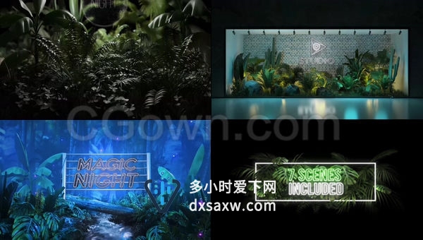 霓虹灯植物环境动画衬托炫酷闪光LOGO片头-AE模板下载