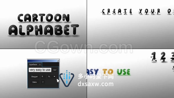 卡通字母表特效AE模板项目含动画字母数字特殊字符货币完整字母表