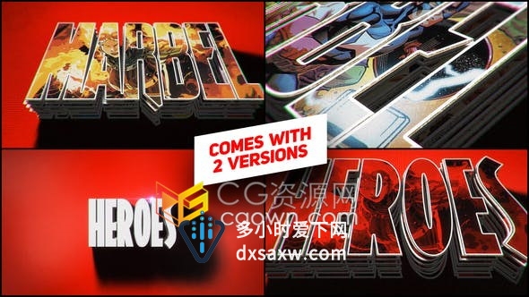 AE模板3D层电影超级英雄漫画书页面翻转动画LOGO标志片头视频