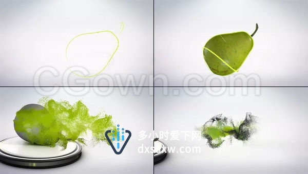 草绿光效线条演绎梨形掉落盘子消失演变烟雾粒子LOGO片头动画-AE模板下载