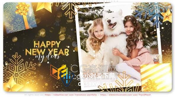 闪光明亮粒子动画金色文字标题圣诞元素视频相册新年问候电子贺卡-AE模板