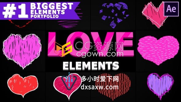 AE模板4k卡通手绘可爱心心涂鸦元素制作情人节告白旅行录像儿童视频特效
