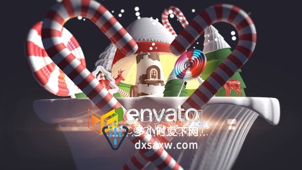 3D卡通圣诞糖果拐杖糖动画场景可爱节日片头-AE模板